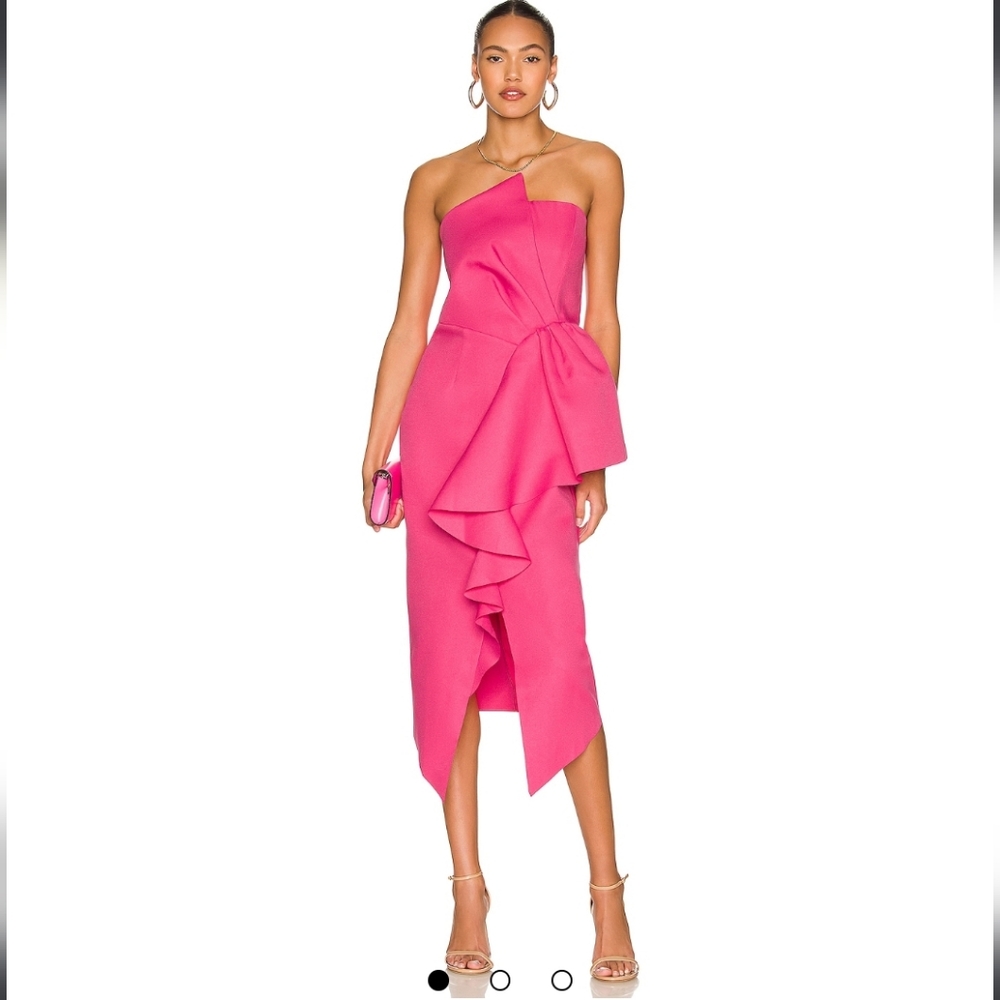 Elliatt One-Shoulder Ruffle Midi Dress in Hot Pink